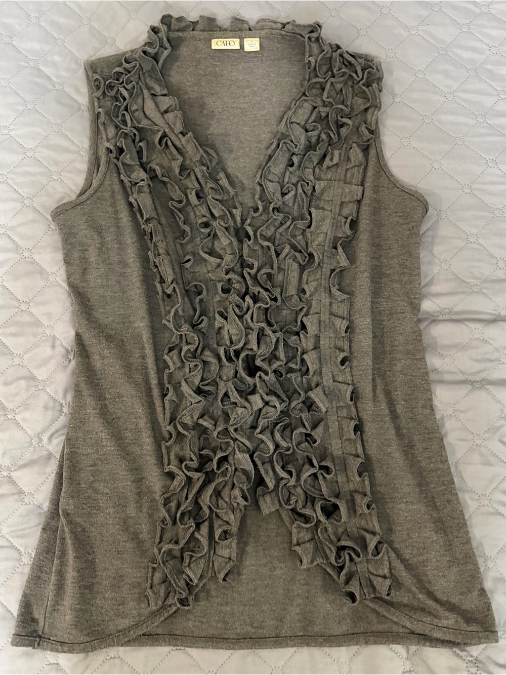 Cato Gray Ruffled V-Neck Sleeveless Cardigan